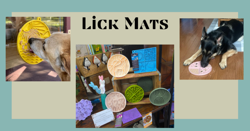 text reads Lick Mats - with images of dogs eating off lick mats, one off a window and one on the floor.
